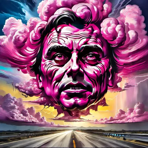 Carl sagan is martius_storm, gold and magenta clouds, a happy expression, over an interstate highway, an oil painting