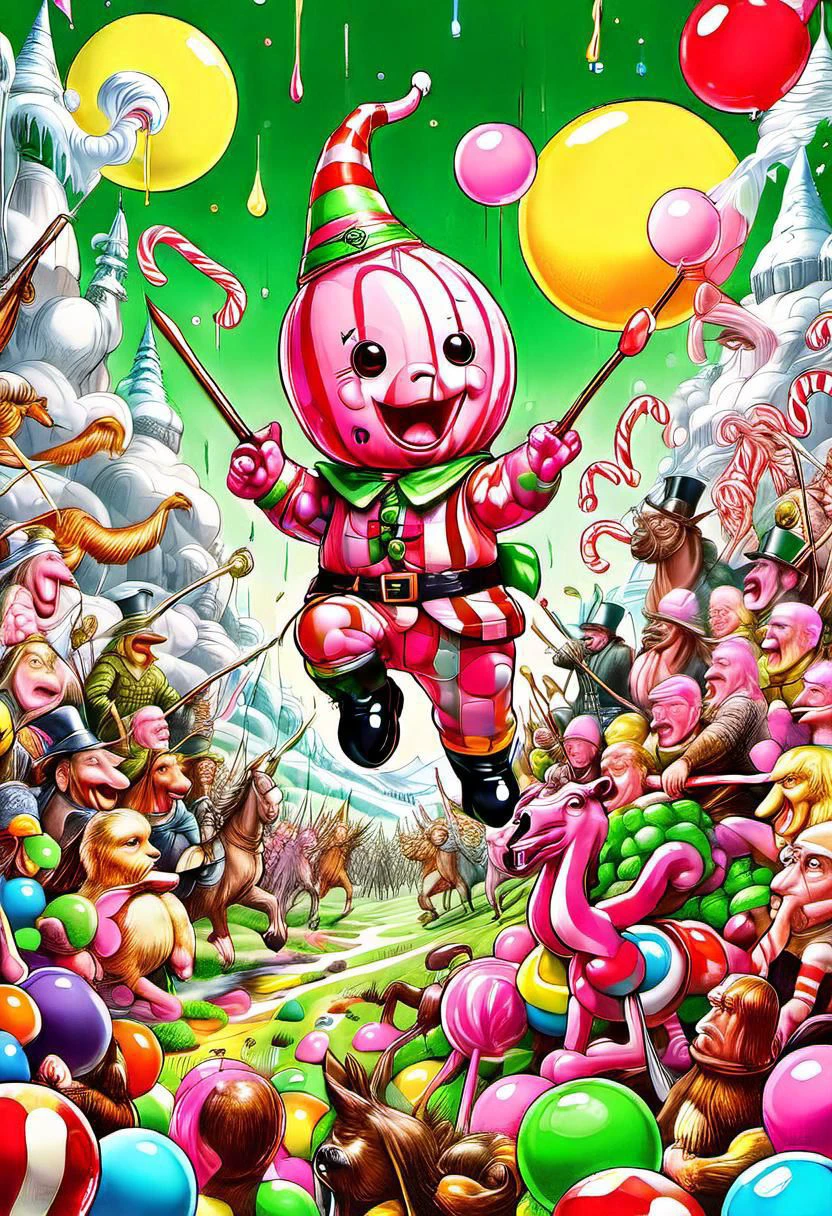 ink art, line art, an army of colorful gumdrop soldiers, storybook illustration, battlefield with a Masonic black and white checkered ground, warriors wielding candy cane spears, inebriated horses, Todd Schorr, Hieronymus Bosch, epic battle scene, 16k, UHD, soft lighting, sharp focus, mayhem, madness, electric green lighting in the sky