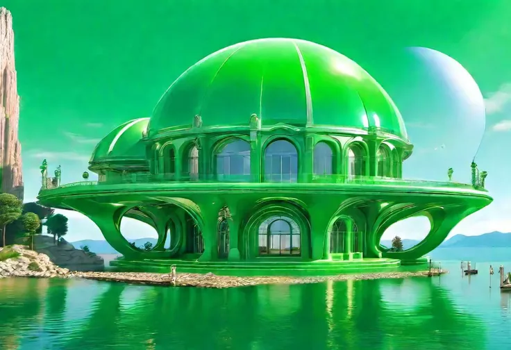 green floating spherical biopunk [classic roman architecture style with arcs and columns|aerodynamic ] starship, detailed, masterpiece