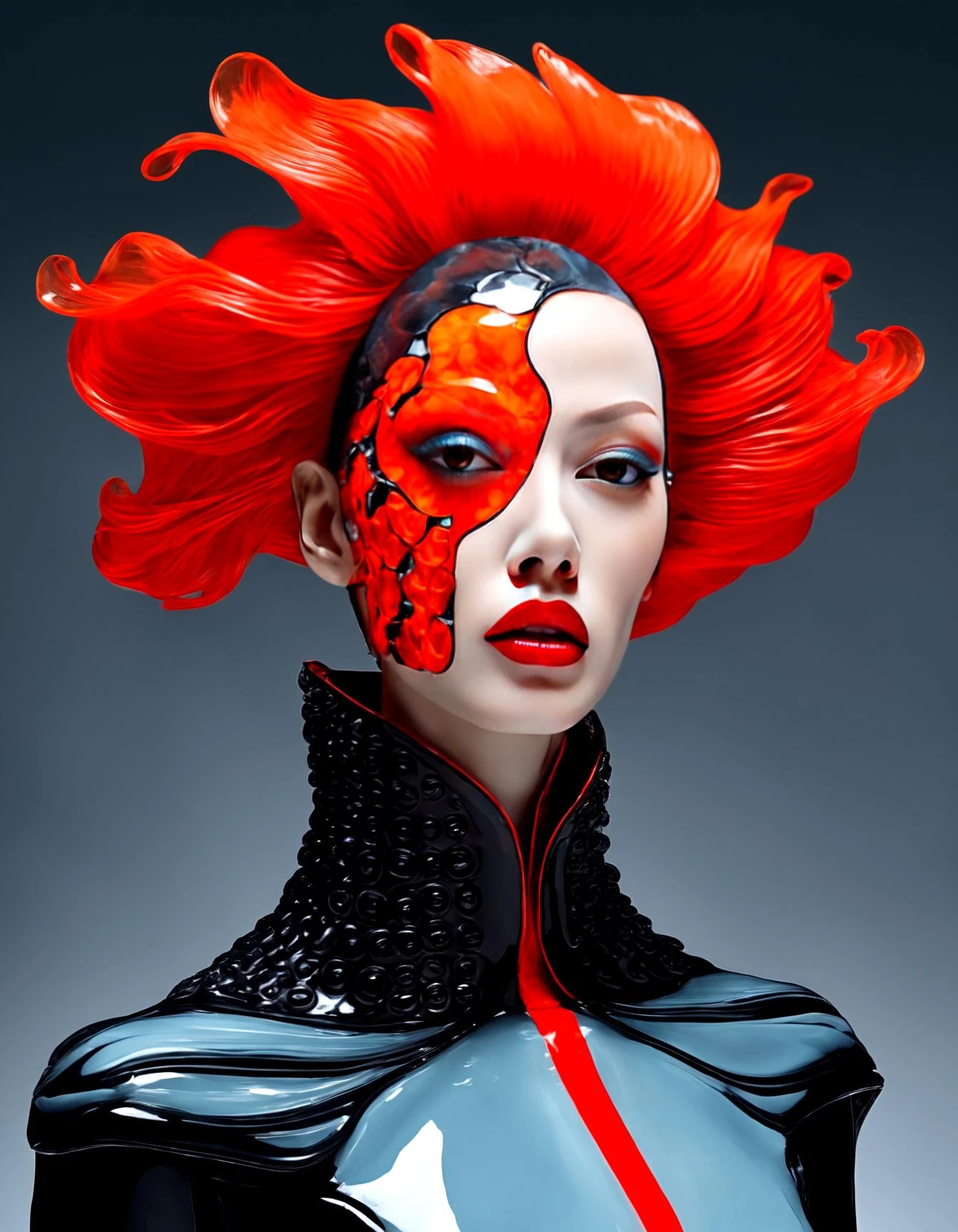 horror she as (c1bo:1.1),geometric patterns,red (fish roe half face:1.45), elegance, cyborg,Architectural Digest Fashion Feature, strong makeup urban skyline backdrop, (liquid illumination:1.2), (synthetic transparent:1.1), transculent brain, full body, walking, (detailed face:1.05),