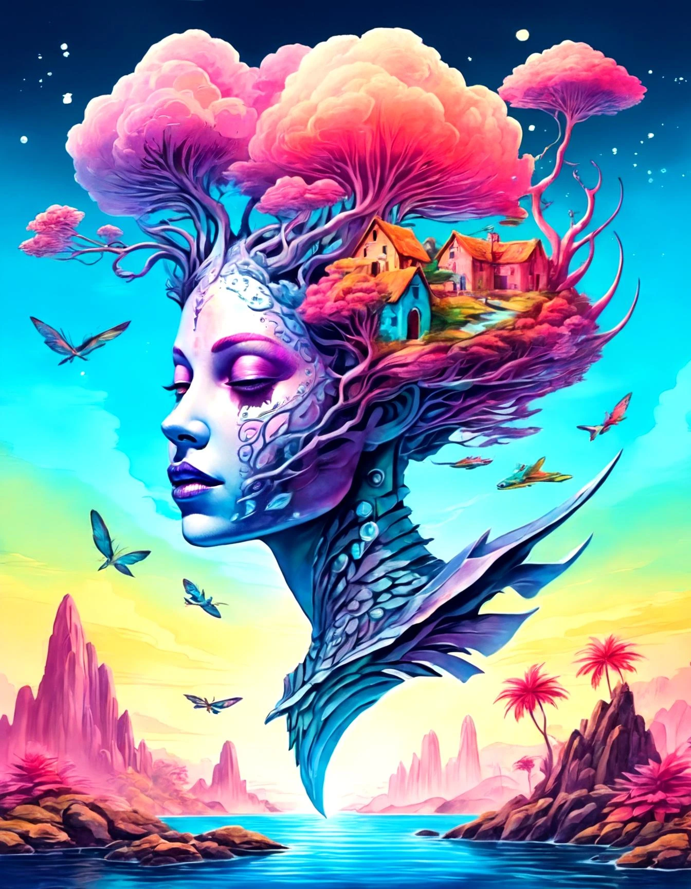 full body, she sharkhead android Surreal Nature, floating islands, bioluminescent plants, mystical creatures, iridescent wings, watercolor sky, fantasy landscape, hidden ruins, (detailed face:1.05),