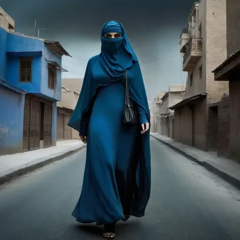 Dark Fantasy Art of <lora:burqa:1>
a woman in a blue burqa walking down a street burqa style, dark, moody, dark fantasy style