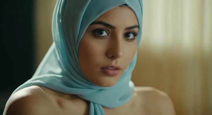 cinematic film still of Cinematic Film stock footage in (arri alexa style) Kodak film print, <lora:Hijab:1> Hijab Nerd Erotic Naked Beauty, shallow depth of field, vignette, highly detailed, high budget, bokeh, cinemascope, moody, epic, gorgeous, film grain, grainy