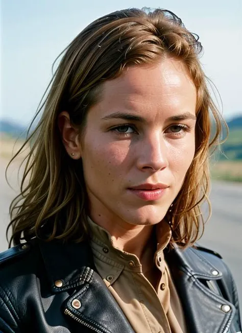 A stunning intricate color close up portrait of (sks woman:1) , wearing Leather jacket and skinny jeans, epic character composition, sharp focus, natural lighting, subsurface scattering, f2, 35mm, film grain, , by Dorothea Lange, <lora:lora-small-maria-bello-v2:1>