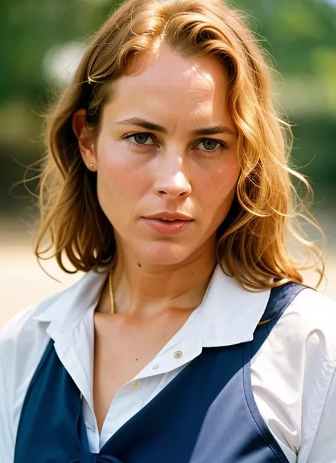 A stunning intricate color close up portrait of (sks woman:1) , wearing Sailor dress and wedges, epic character composition, sharp focus, natural lighting, subsurface scattering, f2, 35mm, film grain, , by David LaChapelle, <lora:lora-small-maria-bello-v2:1>