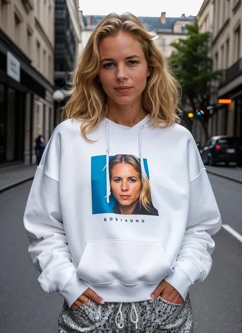 RAW portrait photo of beautiful young sks woman, Graphic sweatshirt and jogger pants, natural lighting, by Guy Bourdin, detailed face, UHD, absurdres, epic scene composition, 
cinematic look, Fujifilm XT3, dslr, high quality, film grain 
 <lora:lora-small-maria-bello-v2:1>