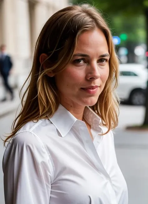 Nancy wears a white buttondown shirt and jeans. closeup face portrait  <lora:TheShallows:0.9>