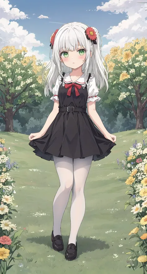 grass,flowers,white hair,green eyes,white pantyhose,standing