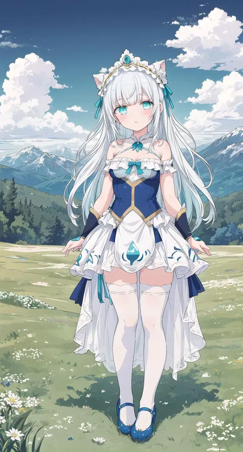 (((masterpiece))), best quality, highly detailed,extremely detailed CG unity 8k wallpaper,illustration,a girl,aqua_eyes,((white long hair)),green eyes,beautiful detailed eyes,headdress,breast press,white stockings,bare shoulders,beautiful detailed eyes,scenery,grass,mountains in the distancen,blue sky and clouds,highly detailed,sharp focus,standing