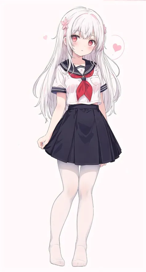 masterpiece, best quality,1girl,pink background,white hair,long hair,small breasts,school uniform,red eyes,white pantyhose, no shoes,full body,standing