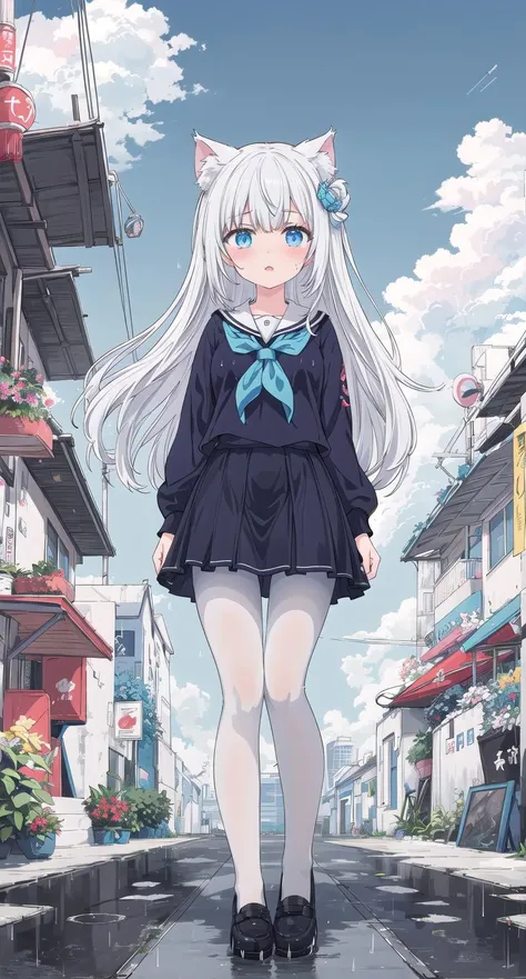 (((masterpiece))), best quality, highly detailed,extremely detailed CG unity 8k wallpaper,illustration,a girl,(solo),sailor suit,white miniskirt,long hair,white pantyhose,horizon,blue sky and clouds,wet,rain,detailed city,cyberpunk,sharp focus,high buildings in distance,cat ears