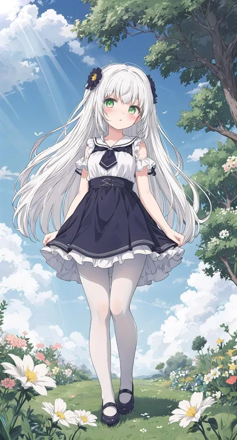 grass,flowers,white hair,green eyes,white pantyhose,standing,very long hair,light rays, from below