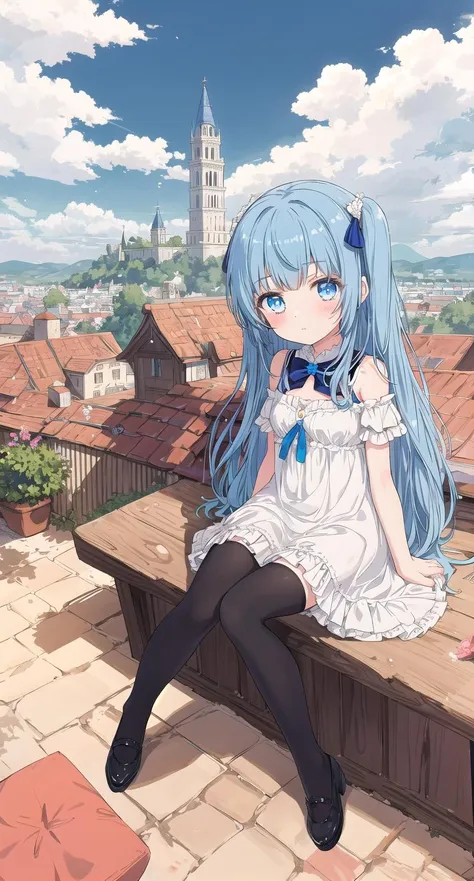 masterpiece, best quality,tower,town,Europ,a girl,blue hair,long hair,sit,blue eyes,white classic dress,stockings,rooftop