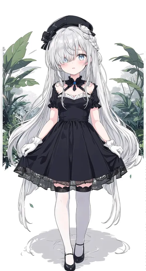 (((masterpiece))),(((best quality))),((ultra-detailed)), ((illustration)), ((an extremely delicate and beautiful)),(painting),(sketch),(vast stretch of silvery forest,silvery forests,silvery trunk,Silver leaves),a girl,solo,blue detailed eyes,silvery long hair,hair over one eye,small breasts,(Black and white Rococo style long dress),white_gloves,small black hat,thighhighs,french braid,hair slightly frizzy at the ends,(hair over one eye)