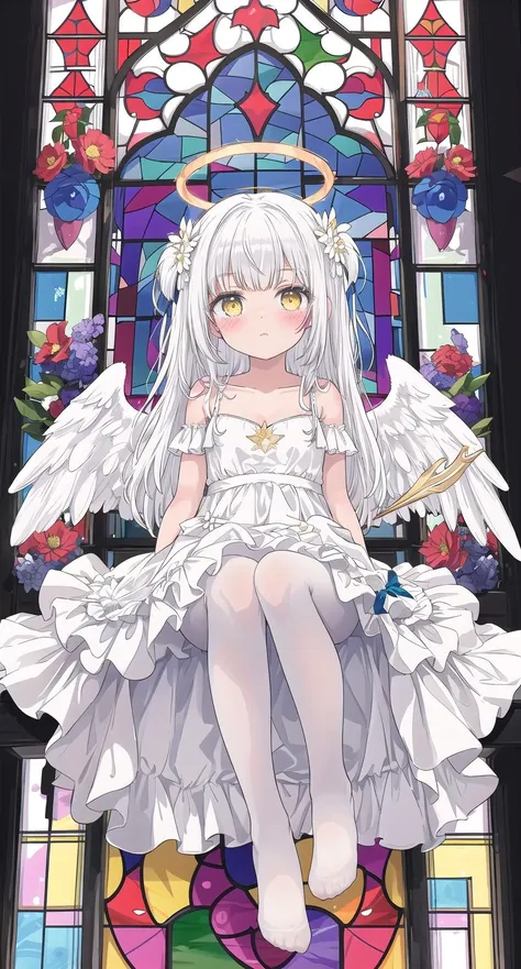 masterpiece, ((best quality)),highly detailed,stained glass style,solo,(white_hair),long hair,yellow eye,petite,angel,halo,angel wings,white_dress,white pantyhose,no shoes