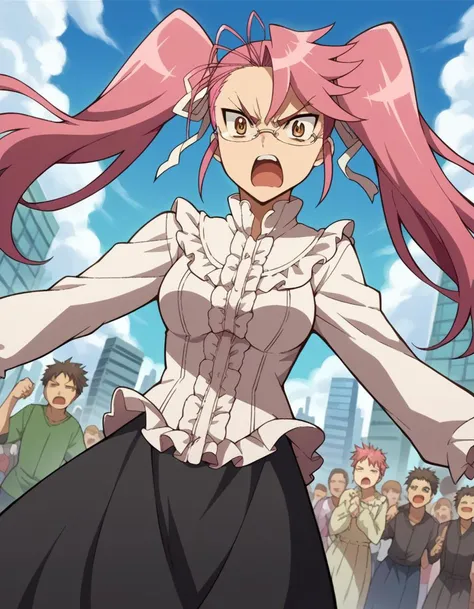 score_9, score_8_up, score_7_up, source_anime,
sayatakagi, <lora:saya-takagi-ponyxl-lora-nochekaiser:1>,
saya takagi, long hair, ribbon, twintails, brown eyes, hair ribbon, pink hair, glasses, angry, shouting,
shirt, dress, frills, long sleeves, skirt, black skirt, long skirt, centered frills,
outdoors, cityscape, zombies, crowd, people,
looking at viewer, cowboy shot, dutch angle,