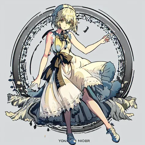 <lora:Yonah_Nier-10:1>Yonah_Nier, 1girl, solo,short hair, blonde hair, dress, ribbon,shoes, sleeveless, white dress, sleeveless dress
