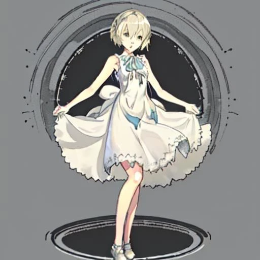 <lora:Yonah_Nier-10:1>Yonah_Nier, 1girl, solo,short hair, blonde hair, dress, ribbon,shoes, sleeveless, white dress, sleeveless dress,standing, full body