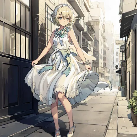 <lora:Yonah_Nier-10:1>outdoor,street,Masterpeace,high quality,Yonah_Nier, 1girl, solo,short hair, blonde hair, dress, ribbon,shoes, sleeveless, white dress, sleeveless dress