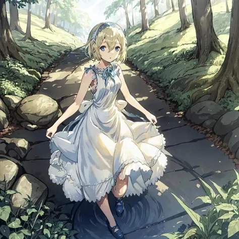 <lora:Yonah_Nier-10:1>outdoor,forest,Masterpeace,high quality,Yonah_Nier, 1girl, solo,short hair, blonde hair, dress, ribbon,shoes, sleeveless, white dress, sleeveless dress,blue eyes