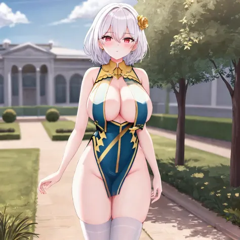Masterpiece, absurdres,4D, highly detailed portrait, 1girl, azsirius, short white hair, boob_curtain, standing in a garden, golden hair_ornament, <lora:azsirius:0.85>