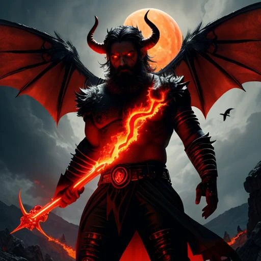 horns, satana, surrealism, abstract, photorealism, 8K, red sun, fire, magma, wings, fire, demon, beard, glowing eyes, 1boy, glowing, weapon, red eyes, holding, demon wings, solo, demon horns, demon boy, outdoors, sky, facial hair, male focus, polearm, monster, holding weapon, giant, claws, bird