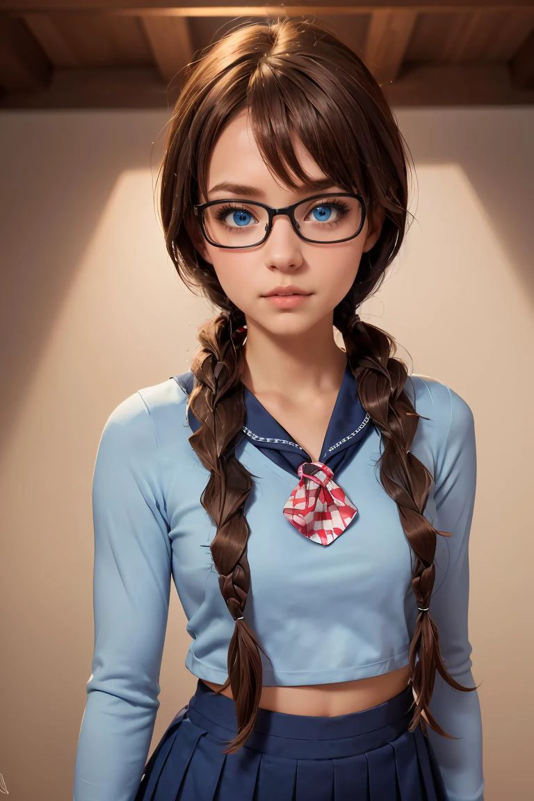 (masterpiece, best quality), 1girl, <lora:yoshidasaki-nvwls-v1:0.8> defSaki, blue eyes, twin braids, hair over shoulders, glasses, blue shirt, serafuku, neckkerchief, long sleeves, pleated skirt <lora:Valentine_v1:0.8> love, valentine