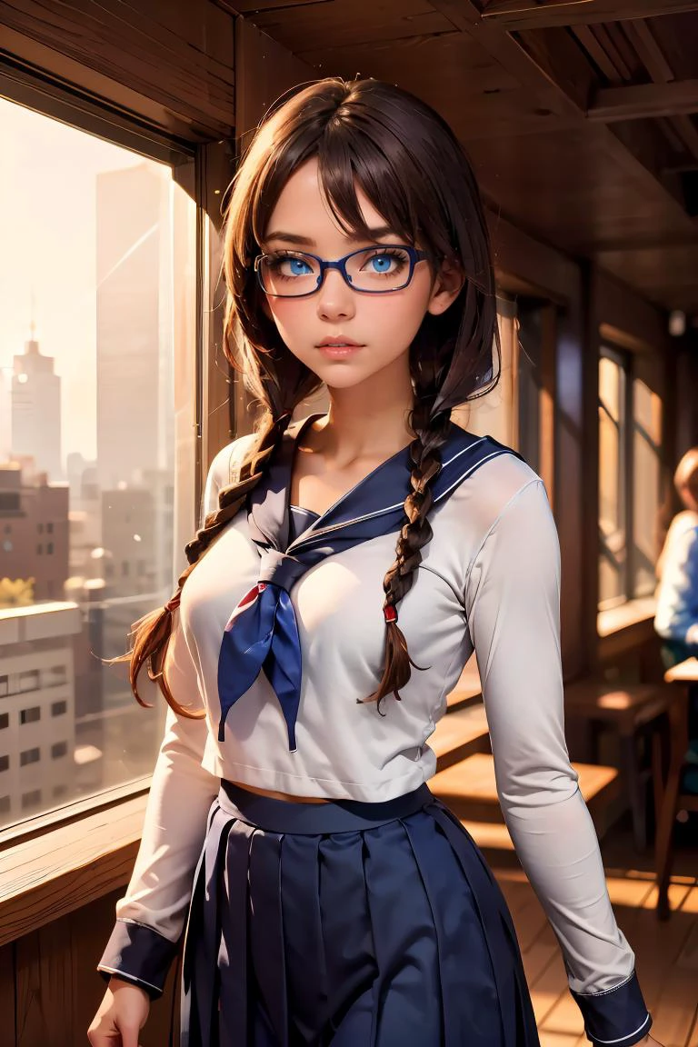 (masterpiece, best quality), 1girl, <lora:yoshidasaki-nvwls-v1:0.8> defSaki, blue eyes, twin braids, hair over shoulders, glasses, blue shirt, serafuku, neckkerchief, long sleeves, pleated skirt <lora:Valentine_v1:0.8> love, valentine