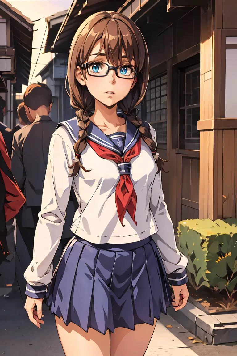 (masterpiece, best quality), 1girl, <lora:yoshidasaki-nvwls-v1:0.8> defSaki, blue eyes, twin braids, hair over shoulders, glasses, blue shirt, serafuku, neckkerchief, long sleeves, pleated skirt <lora:Valentine_v1:0.8> love, valentine