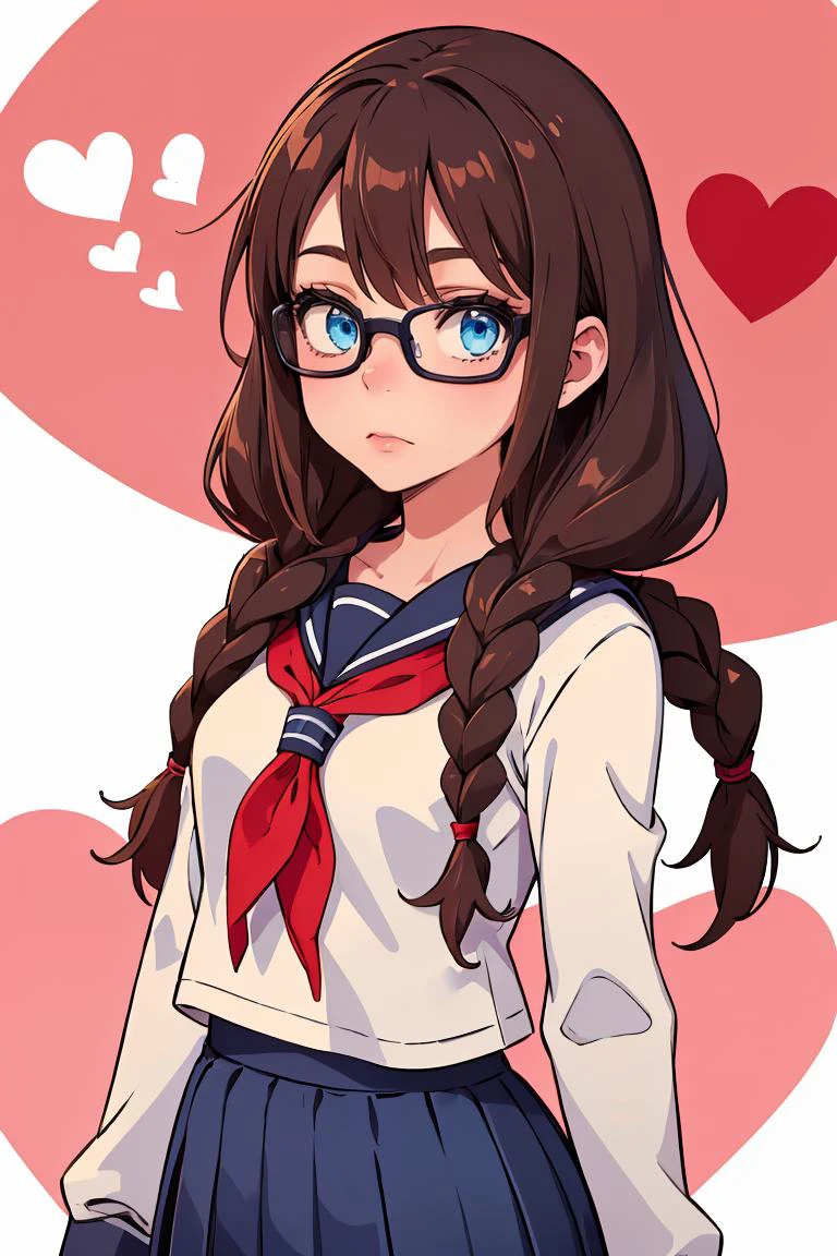 (masterpiece, best quality), 1girl, <lora:yoshidasaki-nvwls-v1:0.8> defSaki, blue eyes, twin braids, hair over shoulders, glasses, blue shirt, serafuku, neckkerchief, long sleeves, pleated skirt <lora:Valentine_v1:0.8> love, valentine