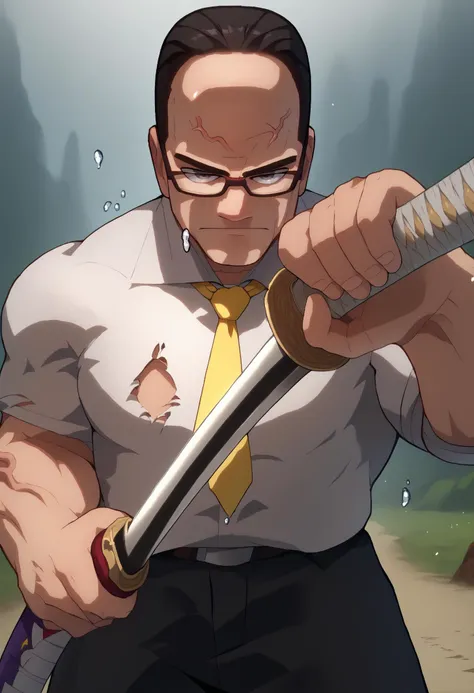 score_9, score_8_up, score_7_up, BREAK 1boy, SenArmStrong, grey eyes, black hair, buzz cut, glasses, manly, <lora:SenatorArmstrongPDXL_V1-Manityro-CAME:1> , muscular male, veins, serious, white shirt, torn shirt, yellow necktie, black pants, <lora:KagurabachiPose_XLPD:1.5>, IncrsUnsheathingAKatanaMeme, sheath, holding sheath, katana, hand up