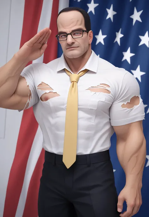 score_9, score_8_up, score_7_up, american flag backdrop, BREAK <lora:SenatorArmstrongPDXL_V1-Manityro-CAME:0.8> SenArmStrong, grey eyes, black hair, buzz cut, glasses, manly, muscular male, white shirt, torn clothing, torn shirt, yellow necktie, black pants, salute