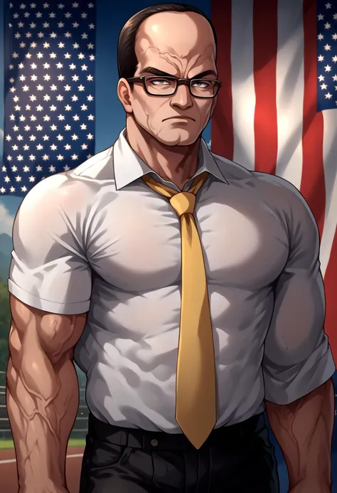 score_9, score_8_up, source_anime, 1boy, <lora:SenatorArmstrongPDXL_V1-Manityro-CAME:1>, SenArmStrong, grey eyes, black hair, buzz cut, glasses, white shirt, yellow necktie, black pants, american flag, american flag in background, cowboy shot, america, flag background, serious expression, explosions in the background, veins,
