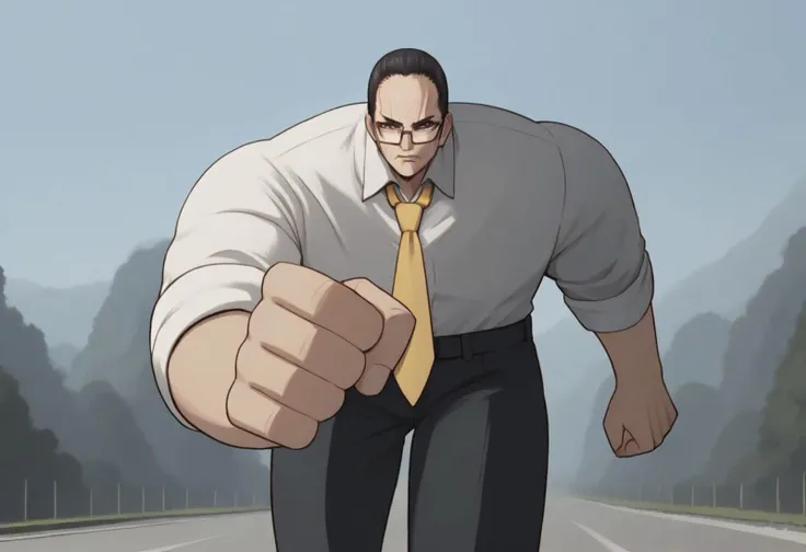 score_9, score_8_up, score_7_up, score_6_up, score_5_up, score_4_up, rating_safe,source_anime,detailed,intricate linework,running ganger (meme),meme,running,SenArmStrong, grey eyes, black hair, buzz cut, glasses,white shirt, yellow necktie, black pants,outdoors,