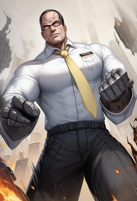 score_9, score_8_up, score_7_up, score_6_up, score_5_up, score_4_up, rating_safe, source_anime,ncrender,SenArmStrong, cyborg,biomechanical, black hair, buzz cut, glasses,white shirt, yellow necktie, black pants,looming,giant,glowing red eyes,metal skin,dynamic pose,punching,punching viewer,from below,burning buildings,cityscape,motion lines