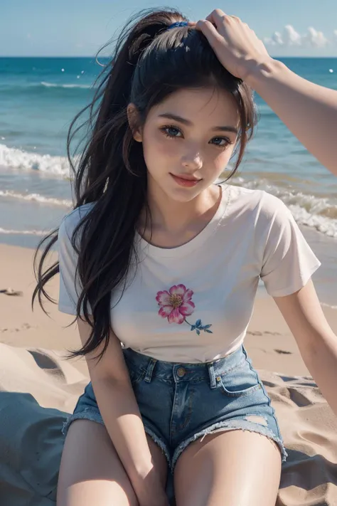 (((soft lighting, dim lit, dark scene, night, low key))),
Best quality, masterpiece, ultra high res, raw photo, beautiful and aesthetic,deep shadow, dark theme,(photorealistic:1.4),
(young beauty, smile, ((white floral print tshirt, denim shorts, thighs)), ponytail, sitting, close up portrait,HeadpatPOV,pov, headpat),
Graceful poise, evocative atmosphere, magnetic presence, refined seduction, captivating mystique,
outdoors, beach, sun, sky