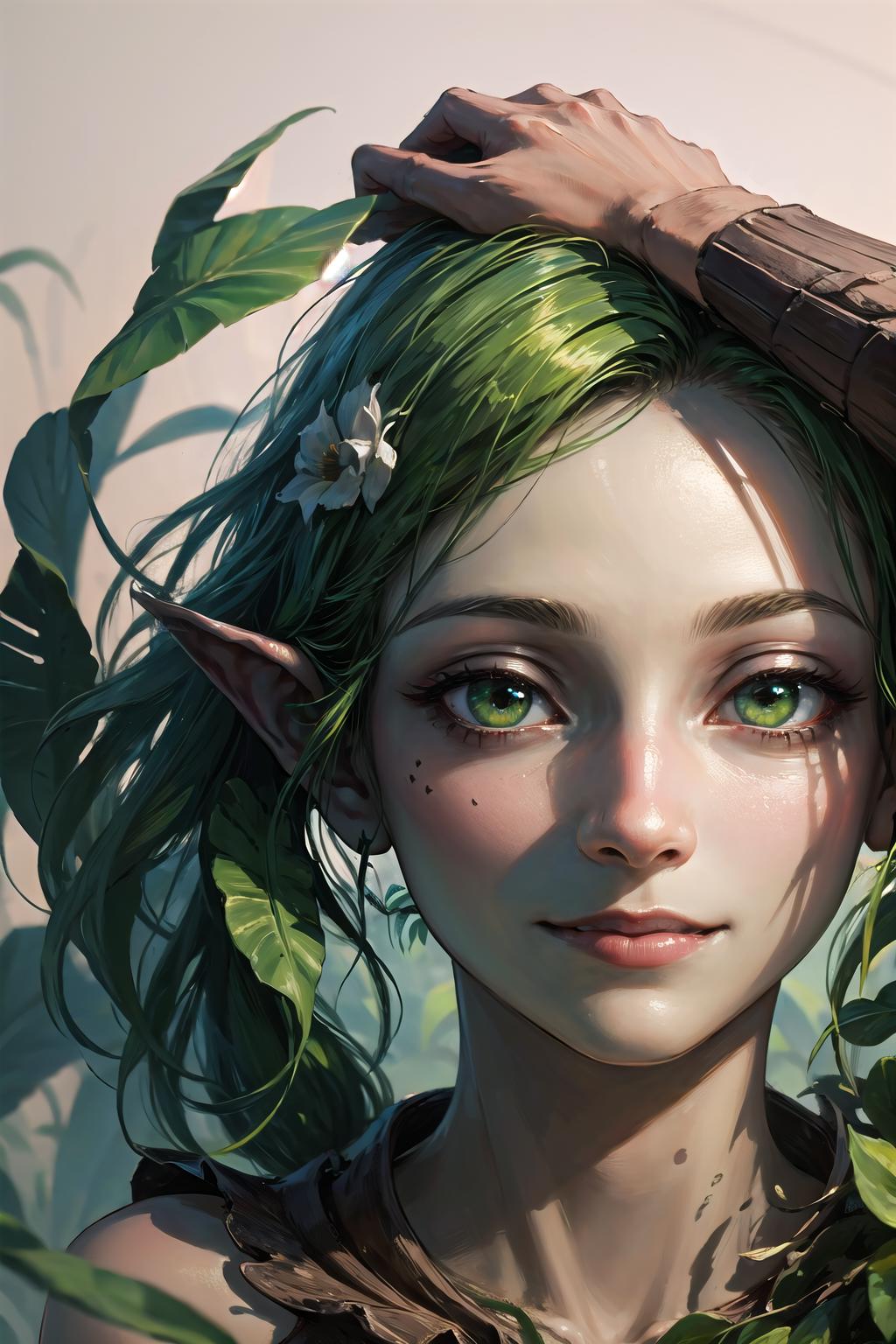 A close up of a woman with green hair and a flower in her hair - SeaArt AI