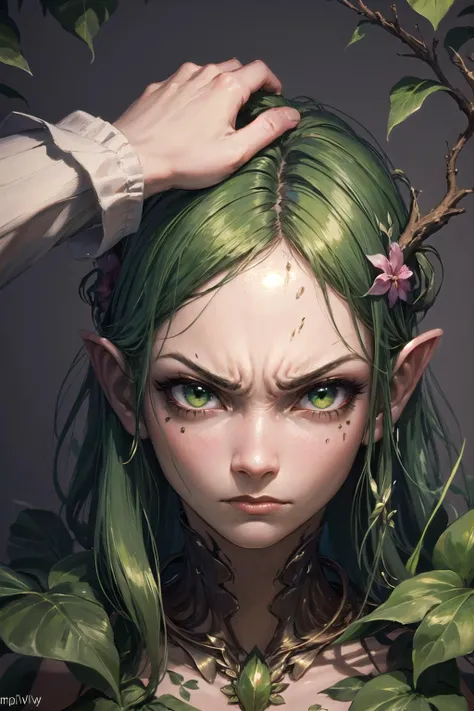 (highly detailed:1.3),
1girl,solo,(frown:1.1),
(angry:1.3),
Ultra-detail,(highres:1.1),best quality,(masterpiece:1.3),cinematic lighting,
(highly detailed face and eyes:1.3), <lora:HeadpatPOV:1> HeadpatPOV, pov, headpat, <lora:dryad:1> dryad, green skin, plant girl,