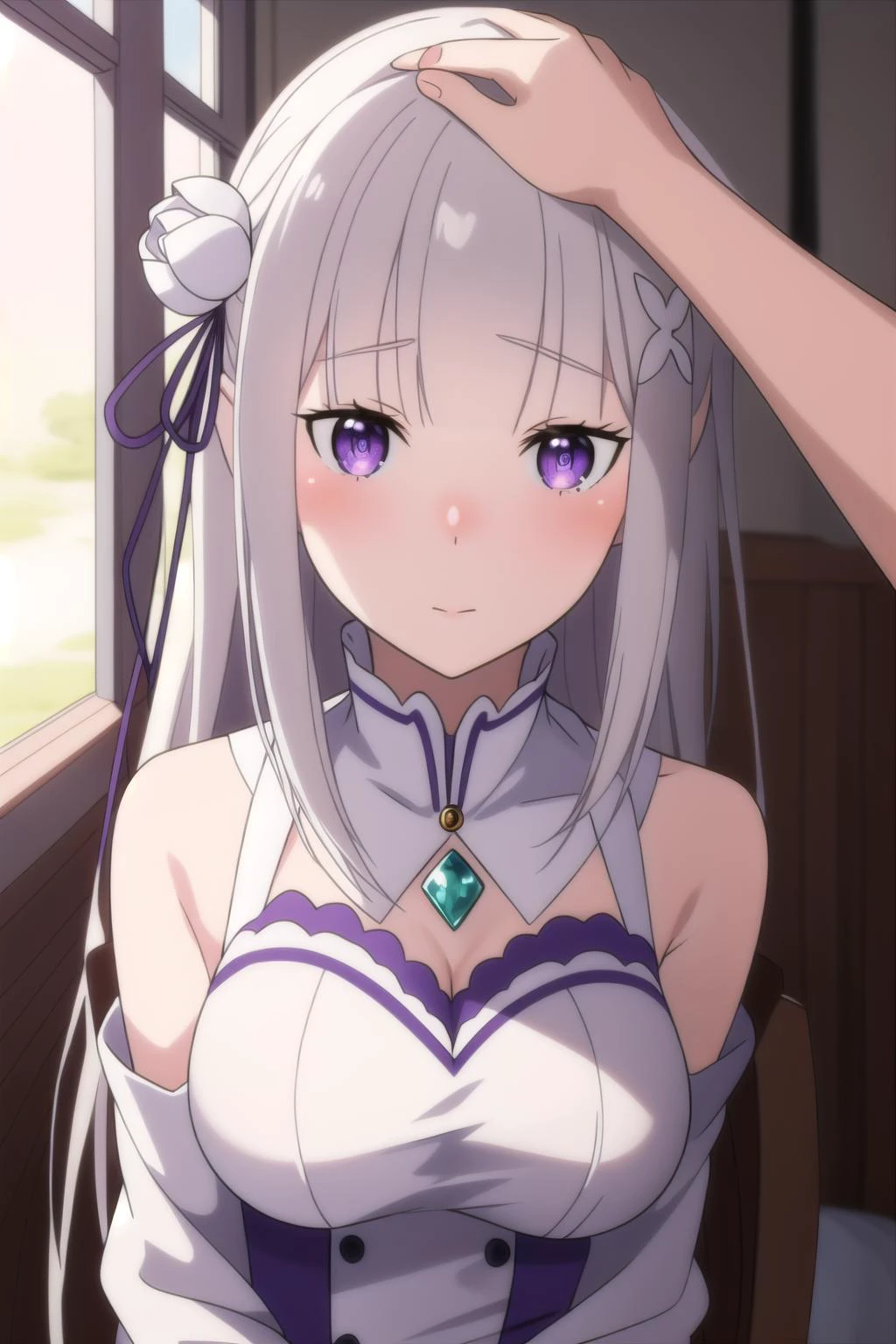 score_9, score_8_up, score_7_up, source_anime, rating_explicit,
BREAK
1girl, solo,
<lora:shiEmiliaV2:1> shimilia, long hair, grey hair, purple eyes, pointy ears, crown braid, hair flower, hair ribbon, purple ribbon, x hair ornament, white dress, cleavage, bare shoulders, white thighhighs,
<lora:shiBreastSqueezeV1:0.8>,shibreastsqueeze,
blush, looking at viewer, smug, seductive smile,