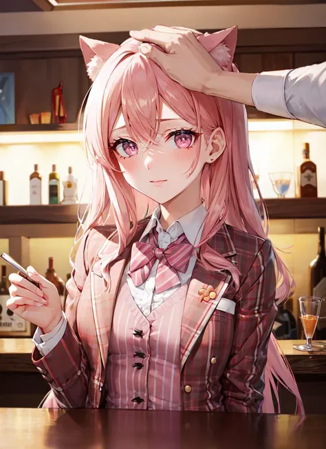 ((best quality)), ((highly detailed)), masterpiece, absurdres, (detailed eyes, deep eyes), (1girl), dutch_angle, <lora:HeadpatPOVV2:1.1>, IncrsHeadpatPOV, headpat, pov, pov hand, ((upper body)), (panther girl), panther ears, panther tail, (pink hair), pink eyes, pink tail, pink ears, ((pink colored business suit)), ((pink colored suit jacket)), pink pinstripe pants, pink bow tie, (indoors, in a bar, Oktoberfest_outfit)