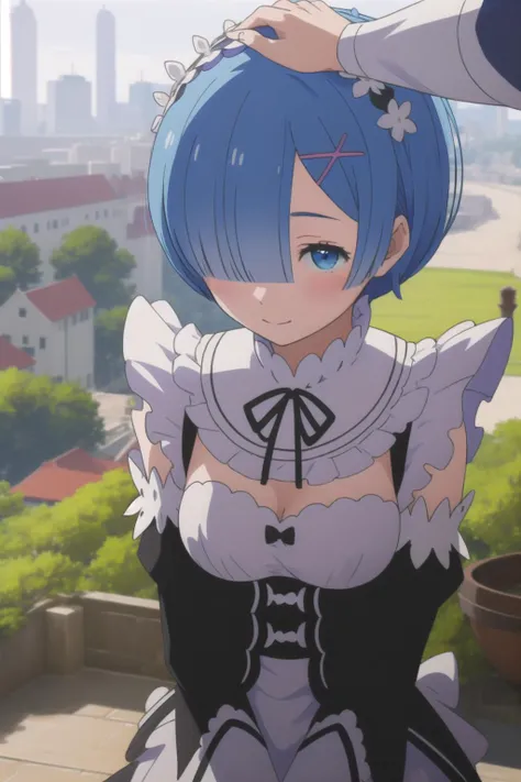 anime, hdr, soft light, ((best quality)), ((masterpiece)), (detailed), <lora:RemV1:0.8> rem_\(re_zero\), hair over one eye, smile, blush, facing viewer, looking away, HeadpatPOV, pov, headpat, from above, garden, <lora:HeadpatPOV:1>