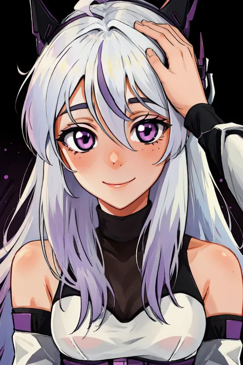 High Quality, Masterpiece, HeadpatPOV, 1girl, Meina, white hair, headgear, purple eyes, gentle smile, <lora:Meina:.95> <lora:HeadpatPOV:.85> HeadpatPOV, pov, headpat