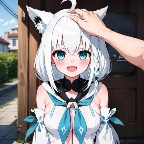 1girl, solo, white hair, single side braid, ahoge, fox tail, fubukidefault, white blouse, [midriff::0.4], detached sleeves, blue neckerchief, :D, IncrsHeadpatPOV, headpat, pov, mature female <lora:headpat:1>  <lora:shirakami_fubuki_8_outfits:1>