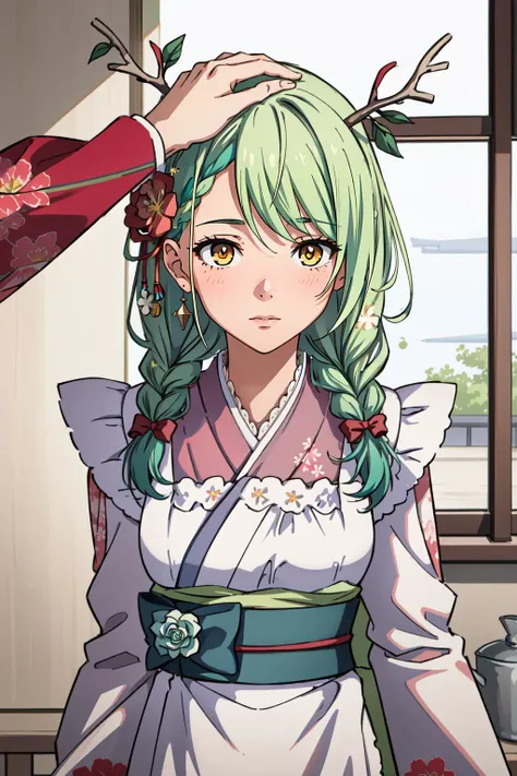 (masterpiece, best quality), intricate details,
<lora:HeadpatPOV:0.8> HeadpatPOV, pov, headpat,
1girl, <lora:ceres_fauna_v2:0.8> hmcf, long hair, antlers, branch, low twin braids, hair flower, yellow eyes, floral print, japanese clothes, pink kimono, wide sleeves, frilled apron, white apron, bow, sash, obi, pink flower, green hair,
<lyco:GoodHands-beta2:0.8>