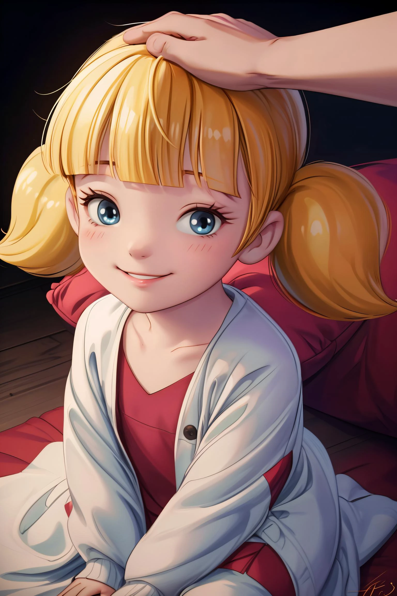 (AS-YoungerV2:1.3), red shirt, soft gaze, allure, beaming smile, looking at viewer, Jude Smith, Eddy Shinjuku, (blonde hair, twintails, blunt bangs, blue eyes), (masterpiece) (best quality) (detailed) (8k) (cinematic lighting) (intricate), close up, incrsheadpatpov, headpat, from above, cushions, blanket, <lora:more_details:0.5>, <lora:realistic:-0.5><lora:Penny:0.8>, <lora:HeadpatPOVV2:1>