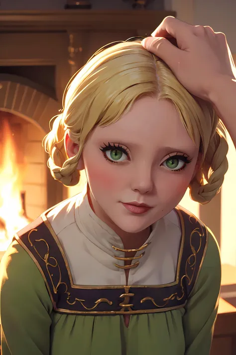 <lora:RyaZorayas-10v6:0.8> Rya, arcane style, cartoon, twin braids, blonde hair, green eyes, long green dress, (leaning forward:1.4), (close up:1.3), indoors, soft lighting, soft gaze, looking at viewer, fireplace <lora:HeadpatPOVV2:0.8> IncrsHeadpatPOV, headpat, pov