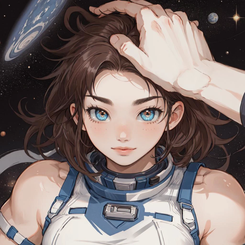 masterpiece, best quality, joseph joestar, muscular male, brown hair, <lora:jojo_joseph_joestar:0.8>, HeadpatPOV:1.3, pov, headpat, Beautiful Art Style, 1girl, young woman, breasts out, daring, space station, waving, <lora:HeadpatPOV:1>