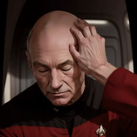 <lora:tng-picard-n47-v1:0.4>, tng-picard, looking down, closed eyes, head tilt, red uniform, <lora:HeadpatPOV:0.8> pov, headpat