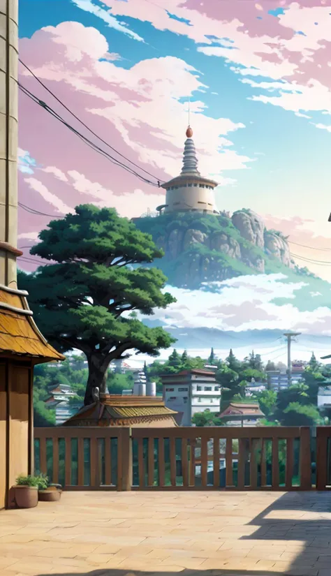 masterpiece, best quality, highres, the greatest details, 8k, UHD, HD, realistic, side lighting, wallpaper, photography, konohavillage, cable, tree, head statues of hokage at mountain, flower, at dawn, zebra cross, cloudy sky, cloud, pastel color, <lora:ARWKonohaVillage:1>,