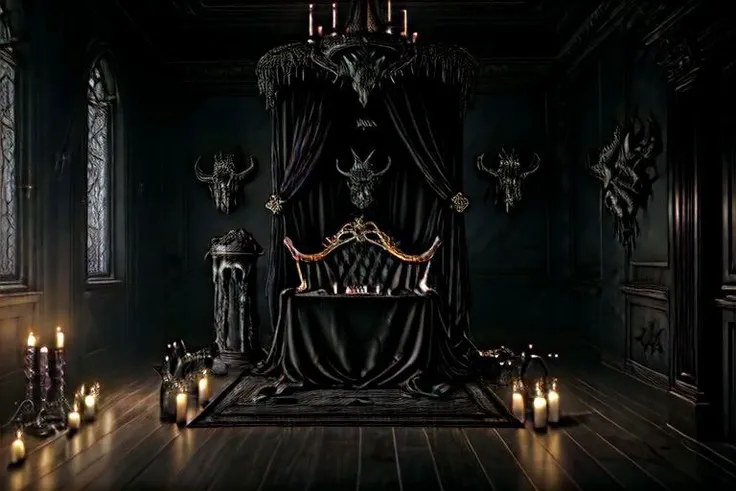 (On the floor there is an inscription: 404), Horror style: frontal lighting, inscription (logo 404), write verbatim: (404), black angel, demon, scary animal face instead of a face, terrible mouth, dark body art, glowing eyes, throne of bones, dark style sign with inscription, write verbatim: (404), epic, high detail, 8K, photorealism, dark atmosphere, coffin, candles, candelabra, chains hanging on the wall